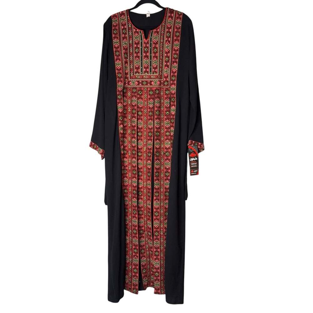 Jordanian Black Red Thobe Arabic Dress Tatreez Embroidery Long Sleeve Size 7